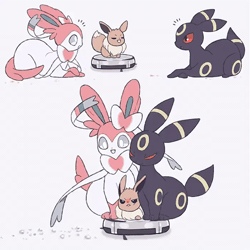 Size: 700x700 | Tagged: safe, artist:mikripkm, eevee, eeveelution, fictional species, mammal, sylveon, umbreon, feral, nintendo, pokémon, 2022, 2d, 2d animation, ambiguous gender, ambiguous only, animated, bedroom eyes, behaving like a cat, black nose, blinking, colored sclera, digital art, dipstick tail, ears, fluff, fur, group, head fluff, loafing, looking down, lying down, neck fluff, no sound, on model, open mouth, paws, prone, red sclera, ribbons (body part), simple background, sitting, tail, trio, trio ambiguous, unamused, vacuum cleaner, webm