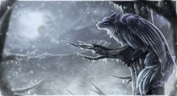 Size: 1280x698 | Tagged: safe, artist:black-khisanth, oc, oc only, oc:hioshiru, bird, canine, enfield, fictional species, fox, mammal, feral, art fight, 2022, artfight2022, blue eyes, feathered wings, feathers, female, folded wings, fur, plant, snow, solo, solo female, tail, tree, white body, white fur, white tail, white wings, wings, winter