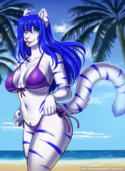 Size: 800x1098 | Tagged: safe, artist:kitsunewaffles, oc, oc only, big cat, feline, mammal, tiger, anthro, 2022, beach, bedroom eyes, belly button, bikini, blep, breasts, clothes, cloud, commission, digital art, ears, eyelashes, female, fur, hair, looking at you, ocean, palm tree, pink nose, plant, sand, sharp teeth, sky, solo, solo female, striped body, striped fur, swimsuit, tail, teeth, thighs, tongue, tongue out, tree, water, wide hips, ych result