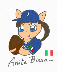 Size: 928x1152 | Tagged: safe, anonymous artist, oc, oc only, equine, mammal, pony, hasbro, my little pony, anita bissa, baseball, baseball cap, cap, clothes, female, filly, foal, hat, headwear, italy, ponified, solo, solo female, sports, young
