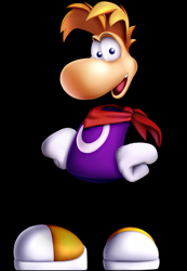 Size: 540x780 | Tagged: safe, artist:mrmenraymanfan2001, rayman (character), rayman (series), ubisoft, bandanna, black background, clothes, gloves, hand on hip, limbless, lineless, looking at you, open mouth, redesign, shoes, simple background, solo, standing
