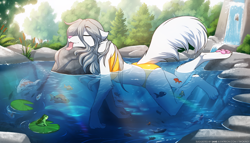 Size: 2240x1280 | Tagged: safe, artist:twokinds, raine (twokinds), fictional species, fish, keidran, mammal, anthro, plantigrade anthro, twokinds, 2022, female, gray hair, hair, solo, solo female, tail, tongue, tongue out, water, white body, white tail