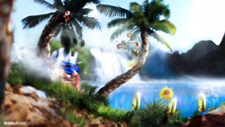 Size: 1920x1080 | Tagged: safe, artist:orioto, sonic the hedgehog (sonic), badnik, fictional species, hedgehog, mammal, robot, anthro, sega, sonic the hedgehog (series), 16:9, ambiguous gender, male, palm tree, plant, ring (sonic), tree, wallpaper