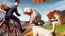 Size: 1920x1080 | Tagged: safe, artist:tiago hoisel, edit, bull terrier, canine, dog, human, mammal, terrier, feral, humanoid, 16:9, ambiguous gender, bicycle, collar, duo, male, not salmon, sharp teeth, tail hand, teeth, wallpaper, wat