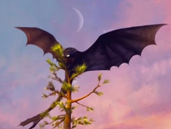 Size: 1080x815 | Tagged: safe, artist:allnxi0, toothless (httyd), dragon, fictional species, feral, dreamworks animation, how to train your dragon, crescent moon, moon, plant, sky, solo, spread wings, tree, wings