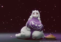 Size: 1920x1338 | Tagged: suggestive, artist:chunkerbuns, toriel (undertale), bovid, goat, mammal, anthro, undertale, 3d, breasts, clothes, digital art, dress, female, food, horns, huge breasts, pie, solo, solo female, thick thighs, thighs, wide hips