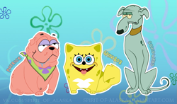 Size: 1063x626 | Tagged: safe, artist:spirit-of-alaska, patrick star (spongebob), spongebob (spongebob), squidward tentacles (spongebob), bulldog, canine, dog, mammal, feral, nickelodeon, spongebob squarepants (series), 2018, dogified, double outline, group, male, males only, species swap, trio, trio male