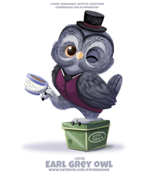 Size: 650x728 | Tagged: safe, artist:cryptid-creations, bird, bird of prey, owl, feral, 2d, ambiguous gender, clothes, drink, looking at you, one eye closed, pun, simple background, solo, solo ambiguous, suit, tea, teacup, top hat, visual pun, white background, winking