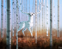 Size: 900x718 | Tagged: safe, artist:cryptid-creations, cervid, deer, fictional species, flora fauna, hybrid, mammal, feral, 2d, antlers, looking at you, male, plant, solo, solo male, tree