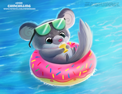 Size: 700x541 | Tagged: safe, artist:cryptid-creations, chinchilla, mammal, rodent, feral, 2d, ambiguous gender, doughnut, drinking, food, glasses, glasses on head, pun, solo, solo ambiguous, sunglasses, sunglasses on head, visual pun, water