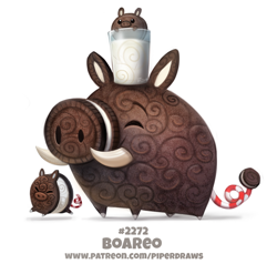 Size: 716x681 | Tagged: safe, artist:cryptid-creations, boar, fictional species, food creature, hybrid, mammal, suid, feral, oreo, 2d, ambiguous gender, ambiguous only, duo, duo ambiguous, eyes closed, food, milk, pun, simple background, visual pun, white background