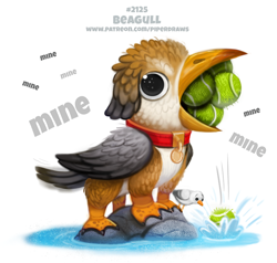 Size: 800x762 | Tagged: safe, artist:cryptid-creations, beagle, bird, canine, dog, hybrid, mammal, seagull, feral, disney, finding nemo, pixar, 2d, ball, dialogue, pun, rock, simple background, talking, tennis ball, visual pun, water, white background