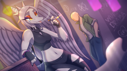 Size: 1920x1080 | Tagged: safe, artist:r-mk, fang (goodbye volcano high), oc, oc:anon, pteranodon, pterosaur, reptile, anthro, goodbye volcano high, 16:9, 2022, anon (snoot game), bedroom eyes, belly button, breasts, cigarette, clothes, detailed background, digital art, duo, ears, eyelashes, feathered wings, feathers, hair, male, midriff, nonbinary, open mouth, scales, smoking, snoot game, tail, tank top, thighs, tongue, topwear, wallpaper, wide hips, wings