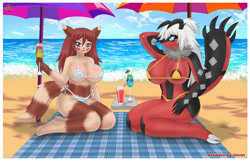 Size: 1280x823 | Tagged: suggestive, artist:shinn, fictional species, furret, legendary pokémon, mammal, yveltal, anthro, digitigrade anthro, nintendo, pokémon, 2021, alcohol, areola, areola slip, armpits, arms behind head, beach blanket, beach umbrella, belly button, big breasts, bikini, blushing, breasts, claws, clothes, cloud, cocktail, commission, detailed background, digital art, drink, duo, duo female, ears, eyelashes, female, females only, fur, hair, kneeling, looking at you, micro bikini, ocean, open mouth, sand, scales, sitting, sky, swimsuit, tail, thighs, tongue, umbrella, water, wide hips