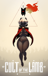 Size: 2500x3922 | Tagged: safe, artist:gp, lamb (cult of the lamb), bovid, caprine, lamb, mammal, sheep, anthro, unguligrade anthro, cult of the lamb, 2022, bell collar, belly button, breasts, cape, chest fluff, cloven hooves, collar, crown, elbow fluff, eyes closed, featureless breasts, featureless crotch, female, fluff, hair, headwear, hooves, horns, jewelry, nudity, praying, red crown (cult of the lamb), regalia, short hair, smiling, solo, solo female, white hair