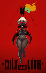 Size: 2500x3922 | Tagged: safe, alternate version, artist:gp, lamb (cult of the lamb), bovid, caprine, lamb, mammal, sheep, anthro, unguligrade anthro, cult of the lamb, 2022, bell collar, belly button, breasts, cape, chest fluff, cloven hooves, collar, crown, elbow fluff, featureless breasts, featureless crotch, female, fluff, hair, headwear, hooves, horns, jewelry, nudity, praying, red crown (cult of the lamb), red eyes, regalia, short hair, smiling, solo, solo female, white hair