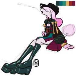 Size: 2000x2000 | Tagged: safe, artist:cyberelladraws, oc, oc:abigail poodle, canine, dog, mammal, poodle, anthro, boob window, breasts, clothes, female, hair, hair over eyes, hat, headwear, open mouth, platform shoes, sitting, solo, solo female, thick thighs, thighs