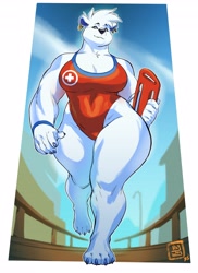 Size: 2979x4096 | Tagged: safe, artist:rayjay, oc, oc:sophie romanov, bear, mammal, polar bear, anthro, barefoot, big breasts, breasts, claws, cleavage, clothes, ear piercing, earring, feet, female, lifeguard, looking at you, looking down, looking down at you, one-piece swimsuit, piercing, smiling, smiling at you, solo, solo female, swimsuit, thick thighs, thighs, toe claws, toes, walking, wide hips
