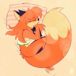 Size: 2048x2048 | Tagged: safe, artist:fox-popvli, oc, oc:patty (fox-popvli), canine, fox, mammal, red fox, anthro, barefoot, braless, breasts, butt, clothes, eyes closed, feet, female, open mouth, pillow, sleeping, soles, solo, solo female, thick thighs, thighs, toes, topwear, vixen