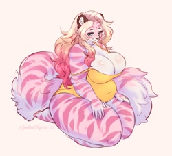 Size: 2040x1860 | Tagged: suggestive, artist:tiggybloom, oc, oc only, oc:marzipan (tiggybloom), big cat, feline, mammal, tiger, anthro, 2022, belly, big breasts, breasts, cleavage, clothes, female, huge breasts, kneeling, nipple outline, off shoulder, one-piece swimsuit, slightly chubby, solo, solo female, swimsuit, tail, thick thighs, thighs, wide hips