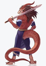 Size: 1488x2105 | Tagged: safe, artist:karana_cat, dragon, fictional species, anthro, horns, looking at you, looking back, looking back at you, male, scales, sword, tail, weapon