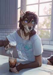 Size: 848x1200 | Tagged: safe, artist:wildering, canine, mammal, wolf, anthro, backlighting, breasts, clothes, coffee, drink, female, kitchen, see-through, shirt, solo, solo female, timber wolf, topwear