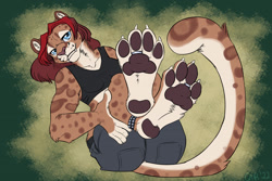 Size: 1280x853 | Tagged: safe, artist:vampirekitty, oc, big cat, feline, mammal, anthro, digitigrade anthro, 2022, bottomwear, butt, clothes, fangs, female, fur, hair, jewelry, looking at you, paw focus, paw pads, paws, ring, sharp teeth, shorts, solo, solo female, sports bra, spotted fur, teeth, top view, topwear, underpaw