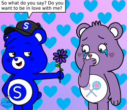 Size: 3128x2700 | Tagged: safe, artist:mrstheartist, share bear (care bears), oc, oc:creative bear, bear, fictional species, mammal, semi-anthro, care bears, care bears: unlock the magic, belly badge, bright colors, cap, care bear, confession, couple, flower, gradient background, hat, headwear, heart, open mouth, plant, tears of joy