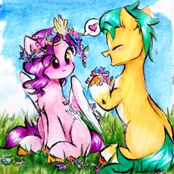Size: 2125x2125 | Tagged: safe, artist:liaaqila, hitch trailblazer (mlp), pipp petals (mlp), earth pony, equine, fictional species, mammal, pegasus, pony, feral, hasbro, my little pony, my little pony g5, spoiler:my little pony g5, 2022, blushing, chest fluff, commission, duo, duo male and female, eye through hair, eyes closed, female, feral/feral, flower, flower in hair, fluff, grass, hair, hair accessory, hitchpipp (mlp), male, male/female, mare, plant, shipping, sitting, stallion, traditional art