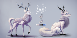 Size: 8000x4000 | Tagged: safe, artist:meater6, oc, oc only, oc:lumi (frosty notes), canine, cervid, deer, fox, hybrid, mammal, feral, 2022, absurd resolution, ambiguous gender, antlers, chest fluff, cloven hooves, commission, ear fluff, fluff, glowing, glowing antlers, glowing eyes, gradient background, hooves, looking at you, magic, reference sheet, signature, simple background, sitting, smiling, smiling at you, snowflake, solo, tail, tail fluff