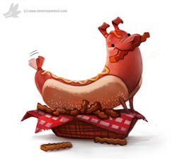Size: 850x761 | Tagged: safe, artist:cryptid-creations, canine, dog, fictional species, food creature, hybrid, mammal, feral, 2d, ambiguous gender, bacon, bread, food, french fries, hot dog, meat, mustard, pun, sausage, simple background, smiling, solo, solo ambiguous, visual pun, white background