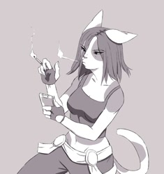 Size: 938x1000 | Tagged: safe, artist:tseratophs, cat, feline, mammal, anthro, monkey wrench (series), bottomwear, breasts, cigarette, clothes, female, fingerless gloves, fire, gloves, hair, pants, smoking, solo, solo female, unnamed character