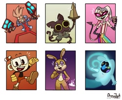 Size: 1200x977 | Tagged: safe, artist:derpyjackarts, cuphead (cuphead), pipi (the legend of pipi), scratch (the ghost and molly mcgee), shrike sanchez (monkey wrench), cat, demon, feline, fictional species, ghost, imp, lagomorph, mammal, object head, rabbit, undead, anthro, humanoid, six fanarts, cuphead, five nights at freddy's, helluva boss, monkey wrench (series), the ghost and molly mcgee, the legend of pipi, amputee, clothes, cybernetic arms, cybernetic legs, cybernetics, cyborg, fizzarolli (helluva boss), frowning, holding gun, jester, looking at you, male, open mouth, open smile, prosthetic arm, prosthetic leg, prosthetic limb, prosthetics, quadruple amputee, robotic limbs, smiling, teeth, wraith