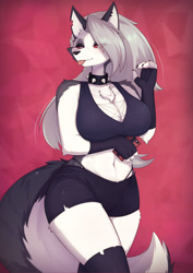 Size: 1447x2047 | Tagged: safe, artist:shano_541, loona (vivzmind), canine, fictional species, hellhound, mammal, anthro, hazbin hotel, helluva boss, 2022, big breasts, breasts, chest fluff, cleavage, clothes, collar, colored sclera, commission, ears, female, fluff, gray hair, hair, huge breasts, long hair, looking at you, playful, red sclera, smiling, smiling at you, solo, solo female, spiked collar, tail, thick thighs, thighs, tongue, tongue out, white body