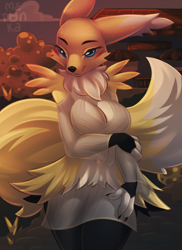 Size: 2000x2750 | Tagged: safe, alternate version, artist:metonka, oc, oc only, braixen, fictional species, hybrid, renamon, anthro, digimon, nintendo, pokémon, 2022, big breasts, breasts, cleavage, clothes, dress, ear fluff, female, fluff, looking at you, smiling, smiling at you, solo, solo female, starter pokémon, tail, tail fluff, thick thighs, thighs