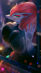 Size: 1242x2208 | Tagged: suggestive, artist:momikacha_, fictional species, mammal, zoroark, anthro, nintendo, pokémon, 2022, breasts, clothes, dress, ears, female, hair, huge breasts, looking at you, on glass, pressed against glass, red hair, smiling, smiling at you, solo, solo female, thick thighs, thighs