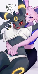 Size: 1242x2391 | Tagged: suggestive, artist:momikacha_, eeveelution, fictional species, mammal, sylveon, umbreon, anthro, nintendo, pokémon, 2022, anthro/anthro, big breasts, breasts, clothes, duo, duo female, ears, female, female/female, females only, smiling, thick thighs, thighs