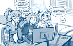 Size: 2022x1280 | Tagged: safe, artist:twokinds, kat (twokinds), laura (twokinds), willow (twokinds), fictional species, keidran, mammal, anthro, twokinds, 2022, clothes, comic, computer, female, females only, hoodie, monochrome, smiling, topwear, trio, trio female