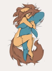 Size: 1706x2348 | Tagged: safe, artist:tinygaypirate, oc, oc:apogee (tinygaypirate), canine, dog, mammal, shark, anthro, 2022, artistic nudity, bed, blåhaj, brown body, brown fur, brown hair, casual nudity, cuddling, digital art, eyes closed, female, fur, hair, hug, lying down, lying on bed, multicolored fur, nudity, on bed, on side, shark plushie, simple background, sleeping, solo, solo female, strategically covered, two toned body, two toned fur, white background