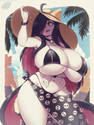 Size: 1853x2453 | Tagged: suggestive, artist:secretly_saucy, oc, oc:nikki (saucy), canine, cat, feline, lagomorph, mammal, rabbit, wolf, anthro, beach, bikini, border, breasts, clothes, female, female focus, hat, headwear, huge breasts, sarong, solo focus, sun hat, swimsuit, tail, thick thighs, thighs, white border, wide hips, zipper