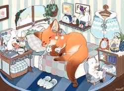 Size: 2048x1499 | Tagged: safe, artist:penpen_disney, canine, fox, mammal, red fox, feral, 2022, 2d, ambiguous gender, bed, bedroom, blushing, book, coat, cute, drink, ear fluff, fluff, fur, hair accessory, indoors, multicolored fur, on bed, orange body, orange fur, paw pads, paws, pillow, plushie, ribbon, sleeping, slippers, tea, topwear, two toned body, two toned fur, white body, white fur