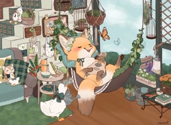 Size: 2048x1495 | Tagged: safe, artist:penpen_disney, arthropod, bird, butterfly, canine, duck, fox, insect, mammal, red fox, waterfowl, feral, 2022, 2d, ambiguous gender, bird cage, cute, ear fluff, flower, flower in hair, fluff, food, fur, garden, guitar, hair, hair accessory, hammock, holding, holding musical instrument, holding object, indoors, multicolored fur, musical instrument, orange body, orange fur, paw pads, paws, plant, plushie, sandwich, two toned body, two toned fur, white body, white fur
