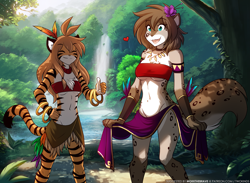 Size: 1753x1280 | Tagged: safe, artist:twokinds, flora (twokinds), kat (twokinds), fictional species, keidran, mammal, anthro, twokinds, 2022, breasts, clothes, duo, duo female, female, females only, underboob
