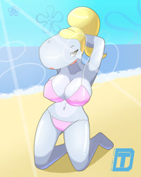 Size: 960x1200 | Tagged: suggestive, artist:darktemplar2, pearl krabs (spongebob), cetacean, mammal, sperm whale, whale, anthro, nickelodeon, spongebob squarepants (series), 2019, beach, belly button, bikini, clothes, female, gray body, gray eyes, hair, looking at you, nipple outline, pink bikini, pink swimsuit, pixiv, sand, seaside, solo, solo female, swimsuit, ungulate, water, wide hips, yellow hair
