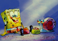 Size: 1024x722 | Tagged: safe, artist:juneduck21, gary the snail (spongebob), spongebob (spongebob), mollusk, sea snail, snail, sponge (species), anthro, feral, nickelodeon, spongebob squarepants (series), bowl, container, duo, duo male, food, male, males only