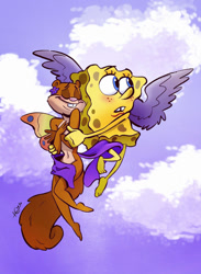 Size: 1024x1400 | Tagged: safe, artist:juneduck21, sandy cheeks (spongebob), spongebob (spongebob), mammal, rodent, sponge (species), squirrel, anthro, nickelodeon, spongebob squarepants (series), duo, female, male, wings