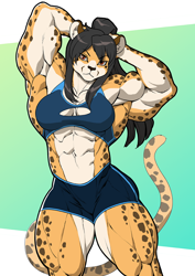 Size: 842x1191 | Tagged: safe, artist:pokkuti, oc, oc only, cheetah, feline, mammal, anthro, 2022, abs, armpits, arms behind head, biceps, black nose, bottomwear, clothes, commission, digital art, ears, eyelashes, female, fur, hair, looking at you, muscles, muscular female, pecs, shorts, solo, solo female, sports bra, sports shorts, spotted body, spotted fur, tail, topwear