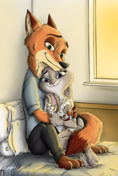 Size: 1312x1952 | Tagged: safe, artist:ziegelzeig, judy hopps (zootopia), nick wilde (zootopia), canine, fox, hybrid, lagomorph, mammal, rabbit, anthro, disney, zootopia, baby, bed, children, crying, female, group, hospital, interspecies, male, male/female, parents, paws, pillow, size difference, tears of joy, young