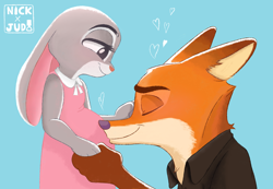 Size: 1480x1024 | Tagged: safe, artist:diamond-apple, judy hopps (zootopia), nick wilde (zootopia), canine, fox, lagomorph, mammal, rabbit, anthro, disney, zootopia, blue background, clothes, cute, dress, duo, eyes closed, female, heart, male, male/female, pregnant, simple background