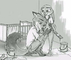 Size: 2676x2242 | Tagged: safe, artist:ziegelzeig, judy hopps (zootopia), nick wilde (zootopia), canine, fox, mammal, anthro, disney, zootopia, anthro/anthro, barefoot, bedroom, clothes, crib, female, grayscale, indoors, male, male/female, monochrome, overalls, paint can, paintbrush, painting, paws, pregnant